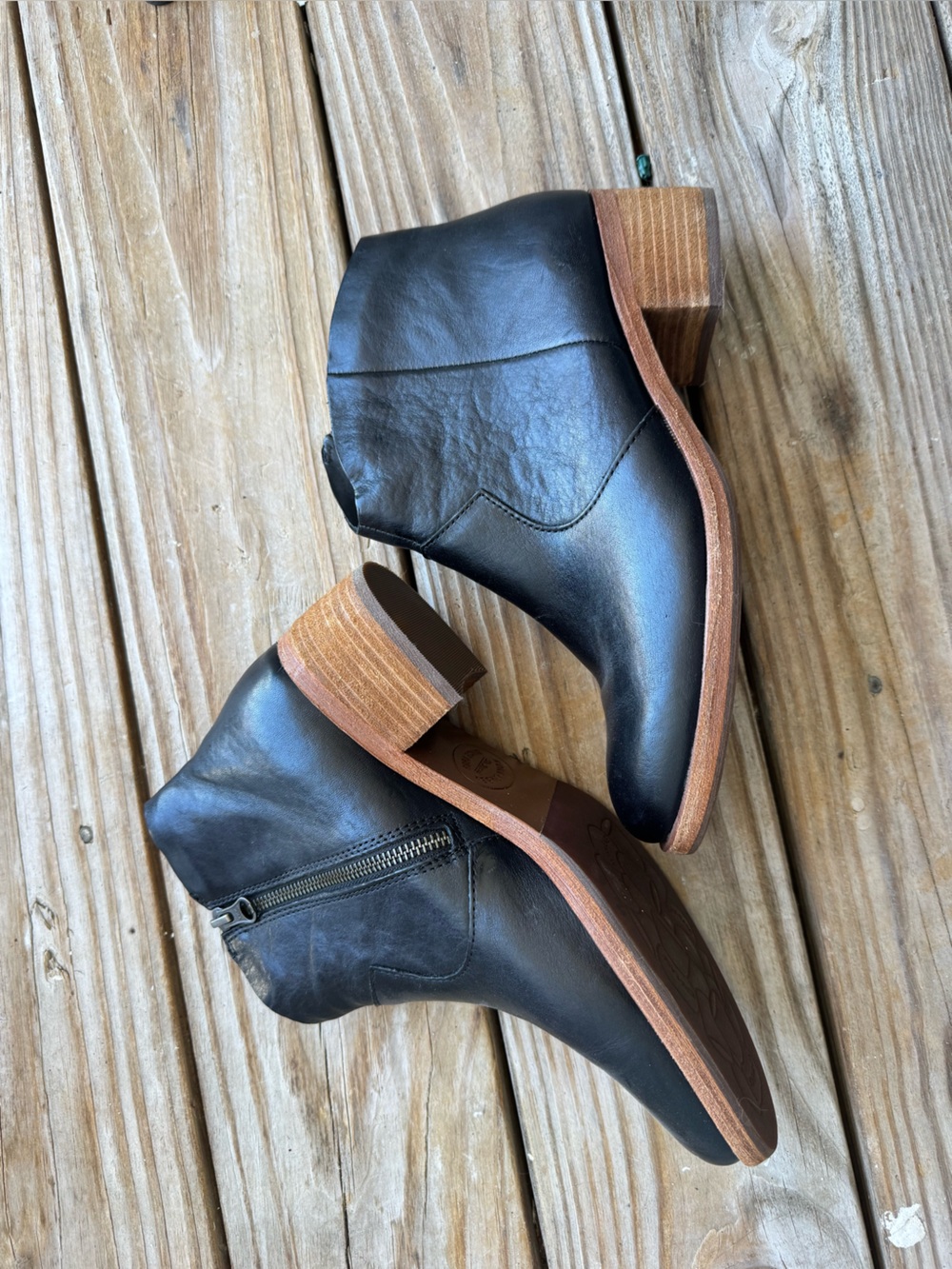 Kork-Ease Black Leather Ankle Booties with Stacked Wood Heel